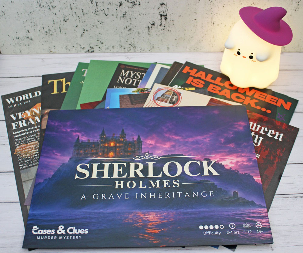 Sherlock Holmes: A Grave Inheritance mystery game box, surrounded by various game cards and a small glowing ghost nightlight.