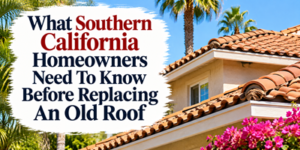 A house with a tiled roof, palm trees, and bougainvillea, with text overlay reading: What Southern California Homeowners Need To Know Before Replacing An Old Roof.