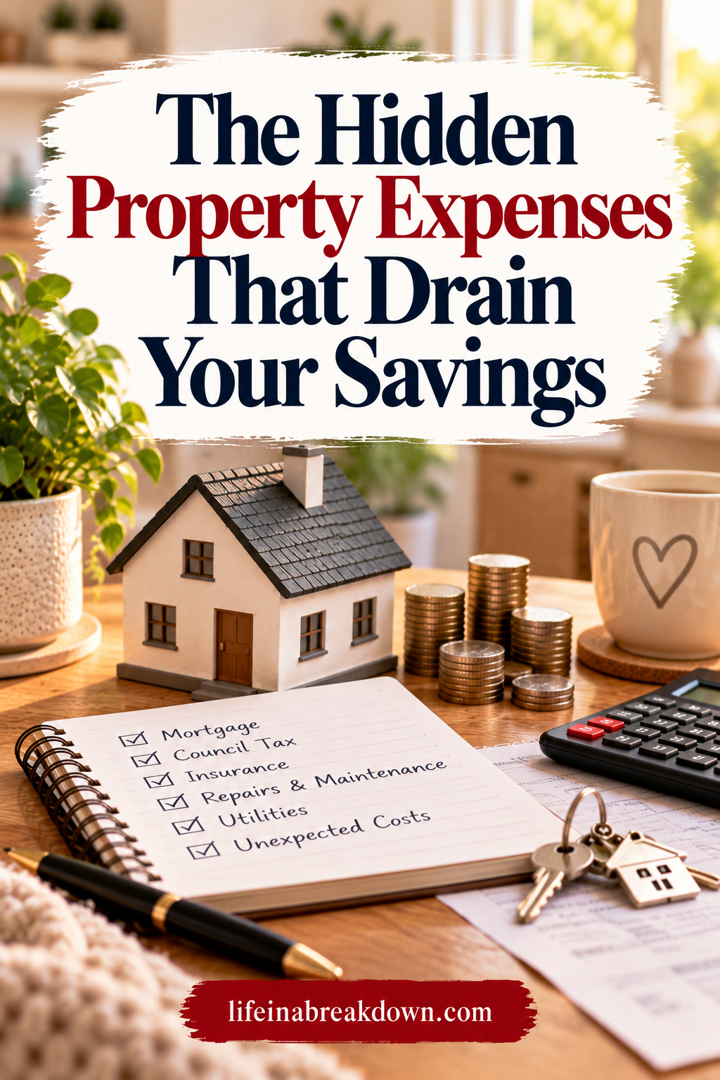 Text graphic titled The Hidden Property Expenses That Drain Your Savings, showing a model house, a list of expenses including mortgage and council tax, and a calculator on a desk.