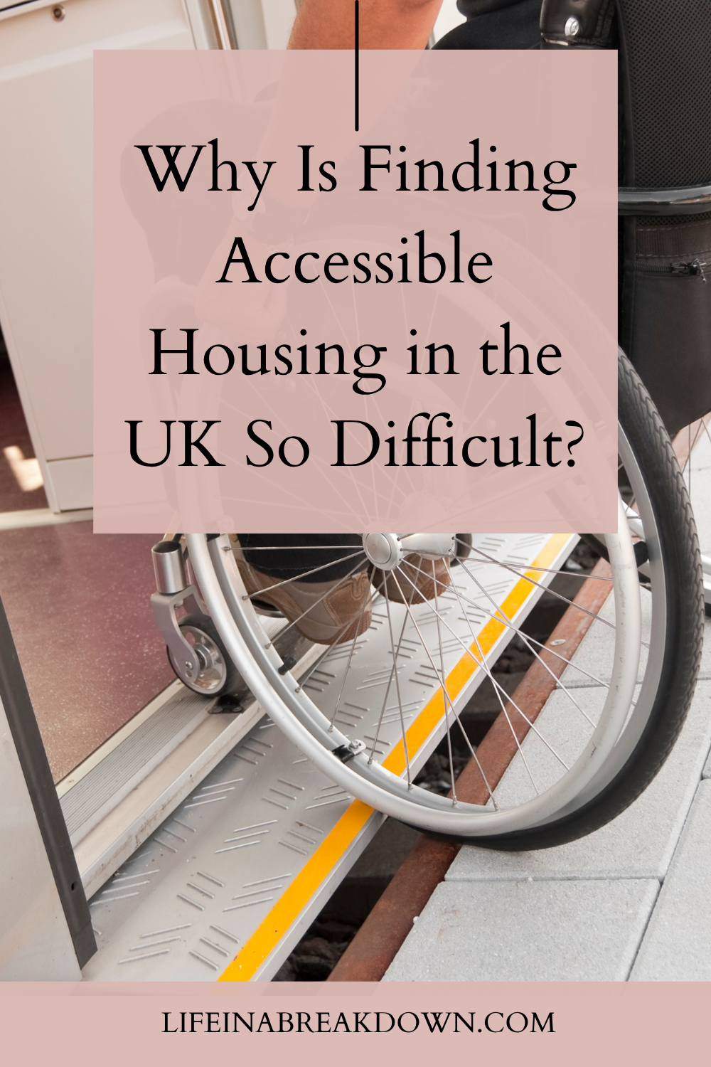 A person in a wheelchair uses a ramp to board a train, with the overlay text: Why Is Finding Accessible Housing in the UK So Difficult?.