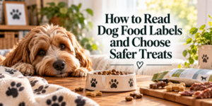 A fluffy dog resting near a bowl of dry food and dog treats, with the text How to Read Dog Food Labels and Choose Safer Treats.