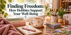 Text overlay on a cosy desk setup with a mug, books, stationery, and a jigsaw puzzle reads: Finding Freedom: How Hobbies Support Your Well-Being.