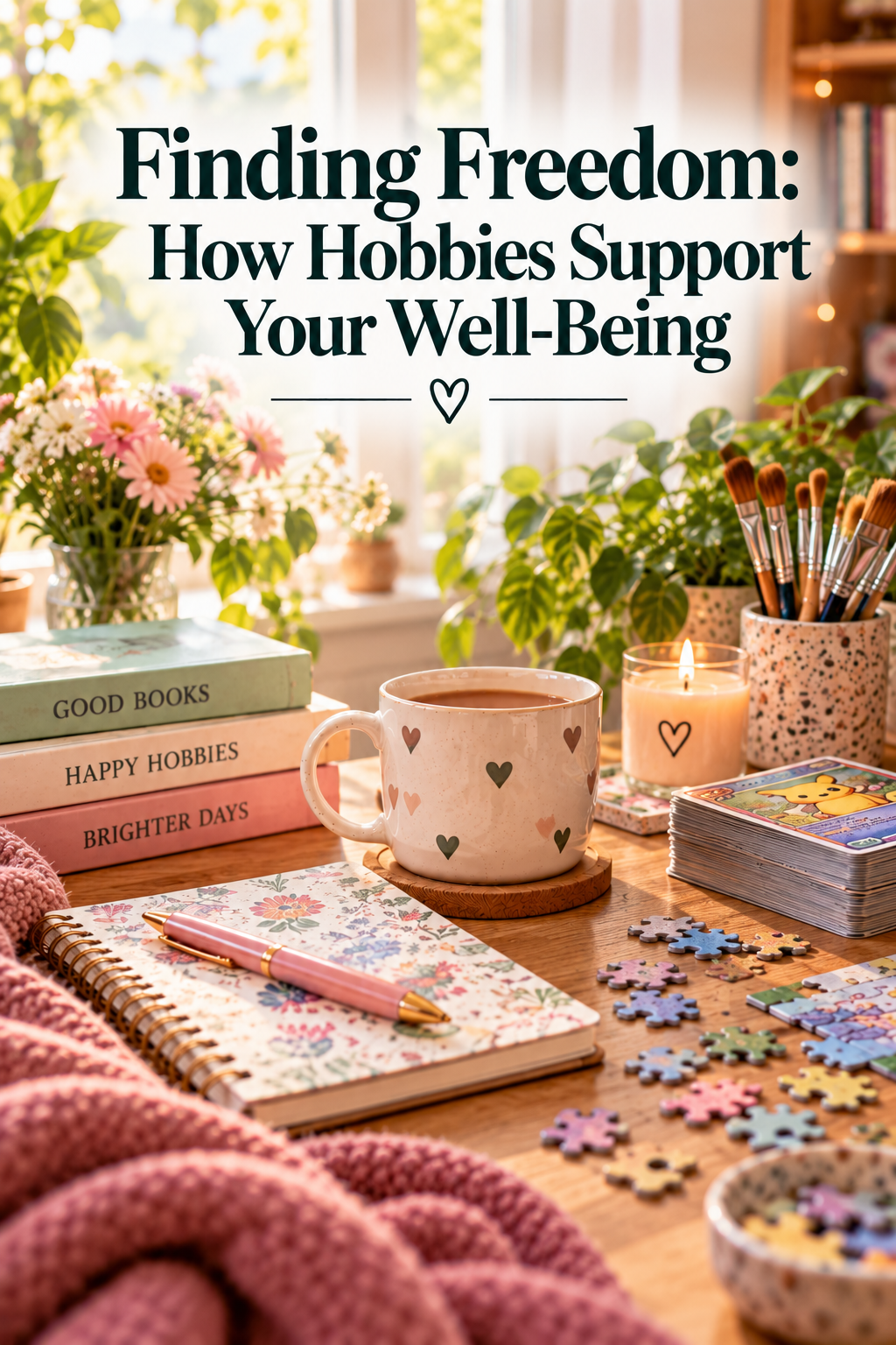 A desk scene with a mug, a stack of books, a floral notebook, a pen, paintbrushes, a lit candle, and puzzle pieces, overlaid with the text Finding Freedom: How Hobbies Support Your Well-Being.