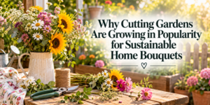 A floral arrangement in a jug with garden secateurs on a wooden table, featuring the text: Why Cutting Gardens Are Growing in Popularity for Sustainable Home Bouquets.