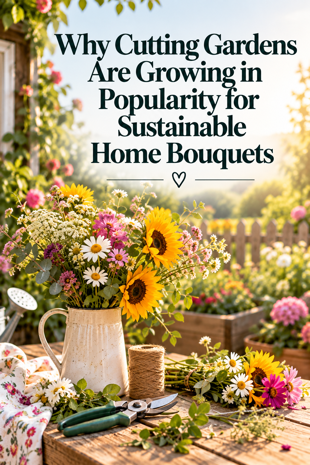 A rustic metal jug filled with freshly cut wildflowers sits on a wooden garden table next to gardening secateurs and twine, beneath the text: Why Cutting Gardens Are Growing in Popularity for Sustainable Home Bouquets.
