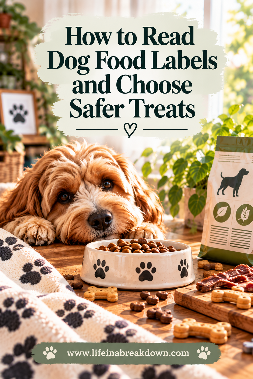 A fluffy dog resting its head behind a bowl of kibble, with a bag of dog food and various treats nearby, beneath the text How to Read Dog Food Labels and Choose Safer Treats.