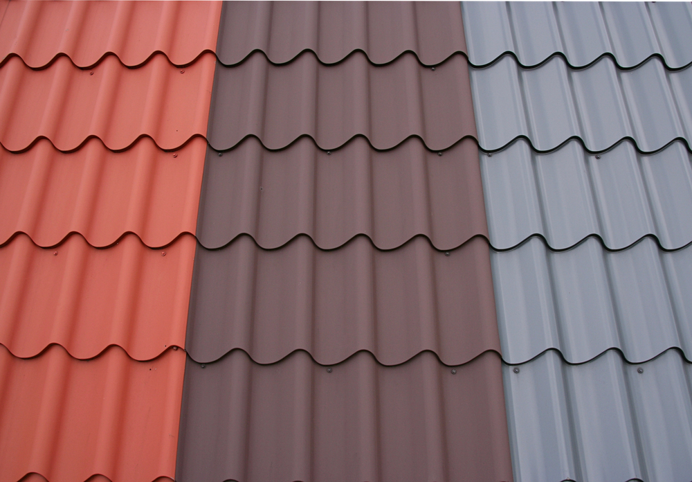 Three vertical panels of red, brown, and grey corrugated metal, showing options for replacing an old roof.